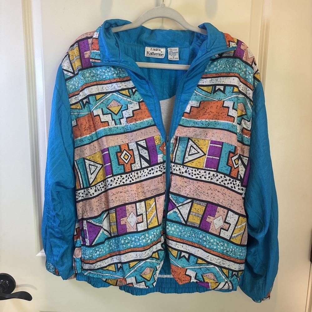 VTG Laura Katherine Medium Windbreaker Multi Color Aztec Lightweight Jacket 90's